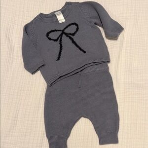 Carter's Dusty Blue Knit Sweater & Pants Set with Black Bow